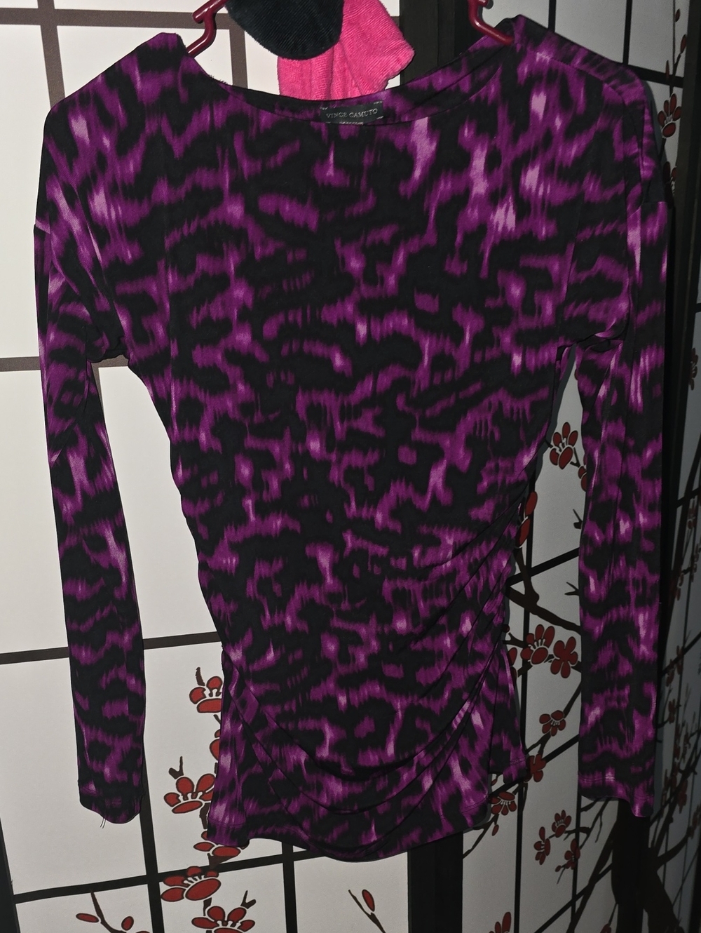 Vince Camuto Black and Purple Long-Sleeve Ruched Dress